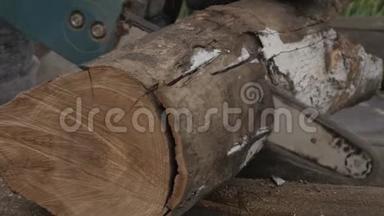 电锯锯干的木头躺在地上，伐木工人用电锯锯木头.. 慢动作